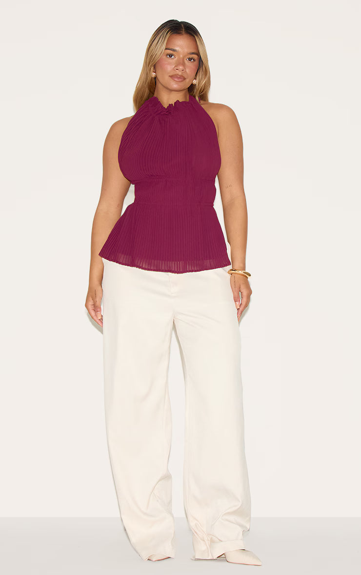 Shape Berry Pleated High Neck Open Back Top