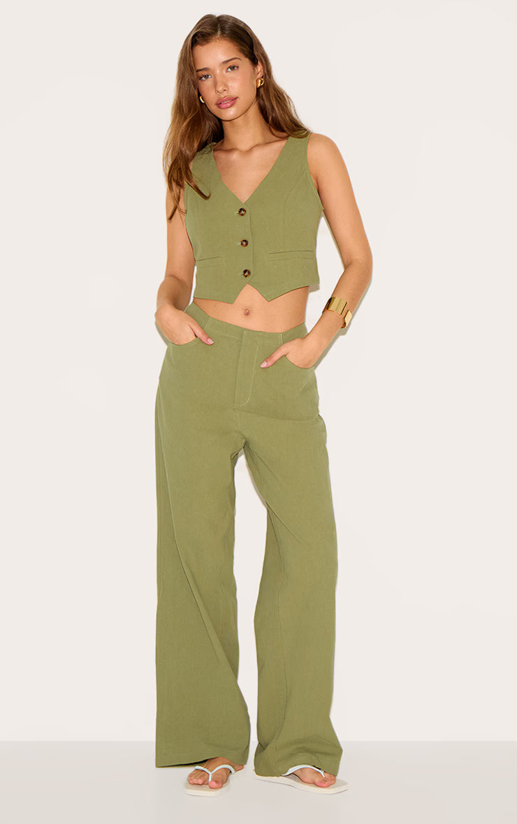 Khaki Linen Look Backless Vest