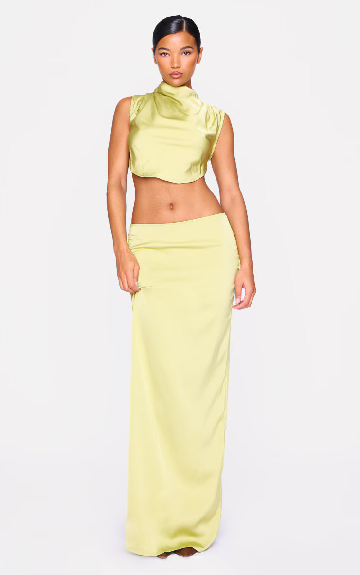 Chartreuse Satin Mid Rise Maxi Skirt