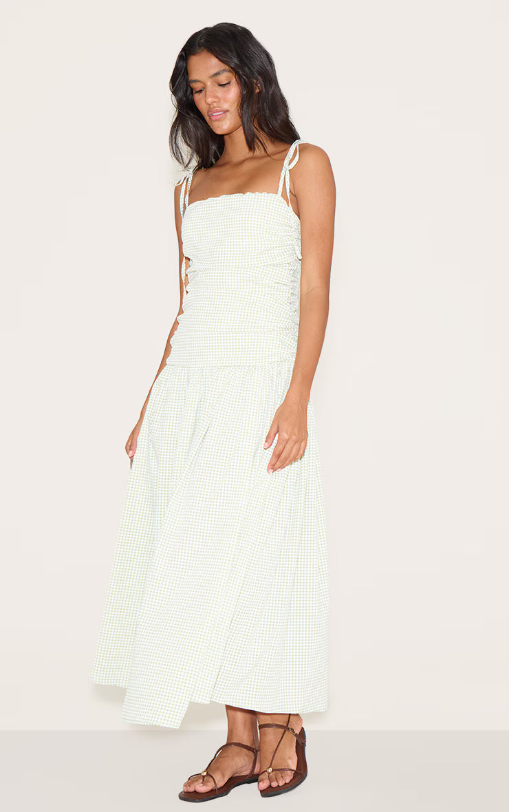 Sage Green Check Ruched Detail Strappy Maxi Dress