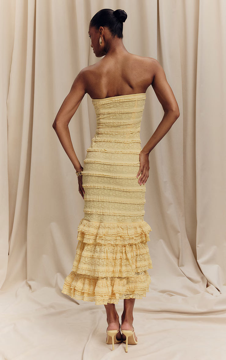 Lemon Textured Lace Frill Tiered Midaxi Dress