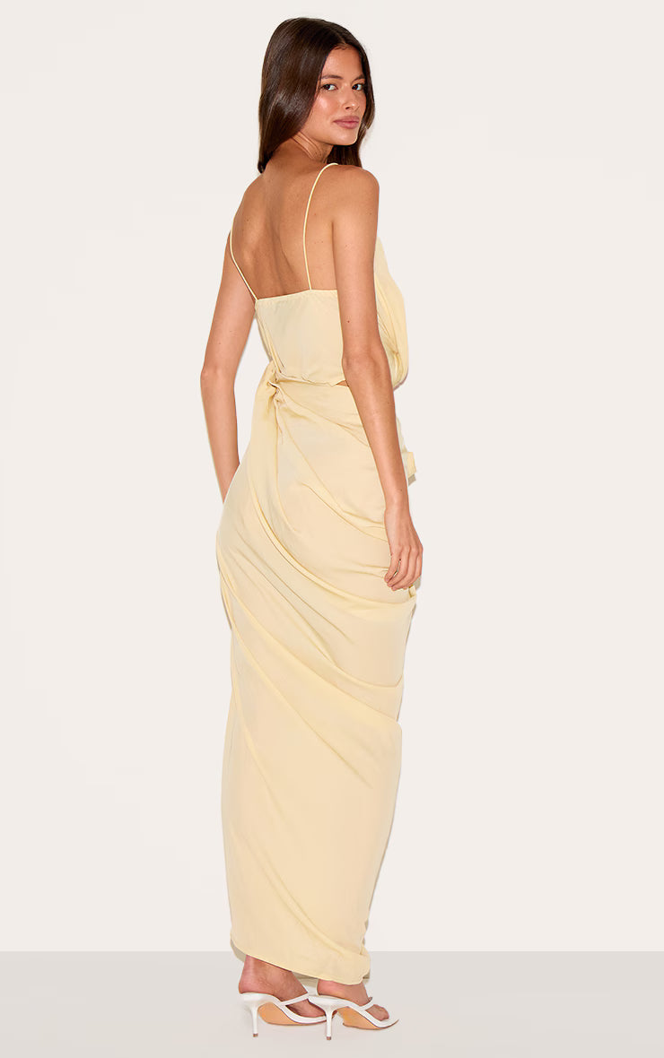 Butter Yellow Chiffon Drape Cut Out Midaxi Dress