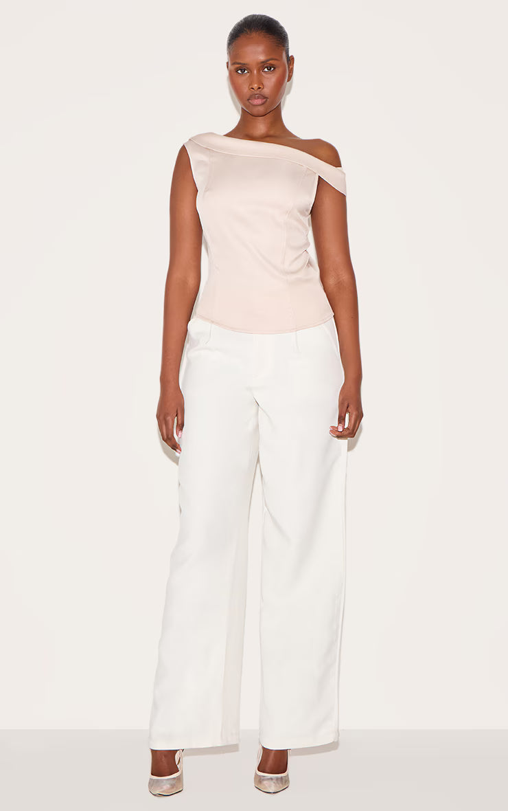 Ecru Asymmetric Fold Over Detail Top
