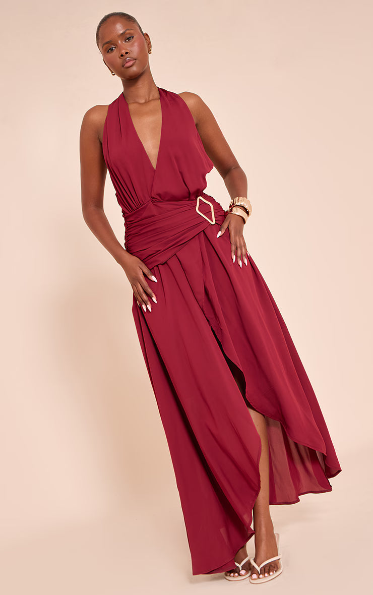 Wine Chiffon Plunge Trim Detail Maxi Dress
