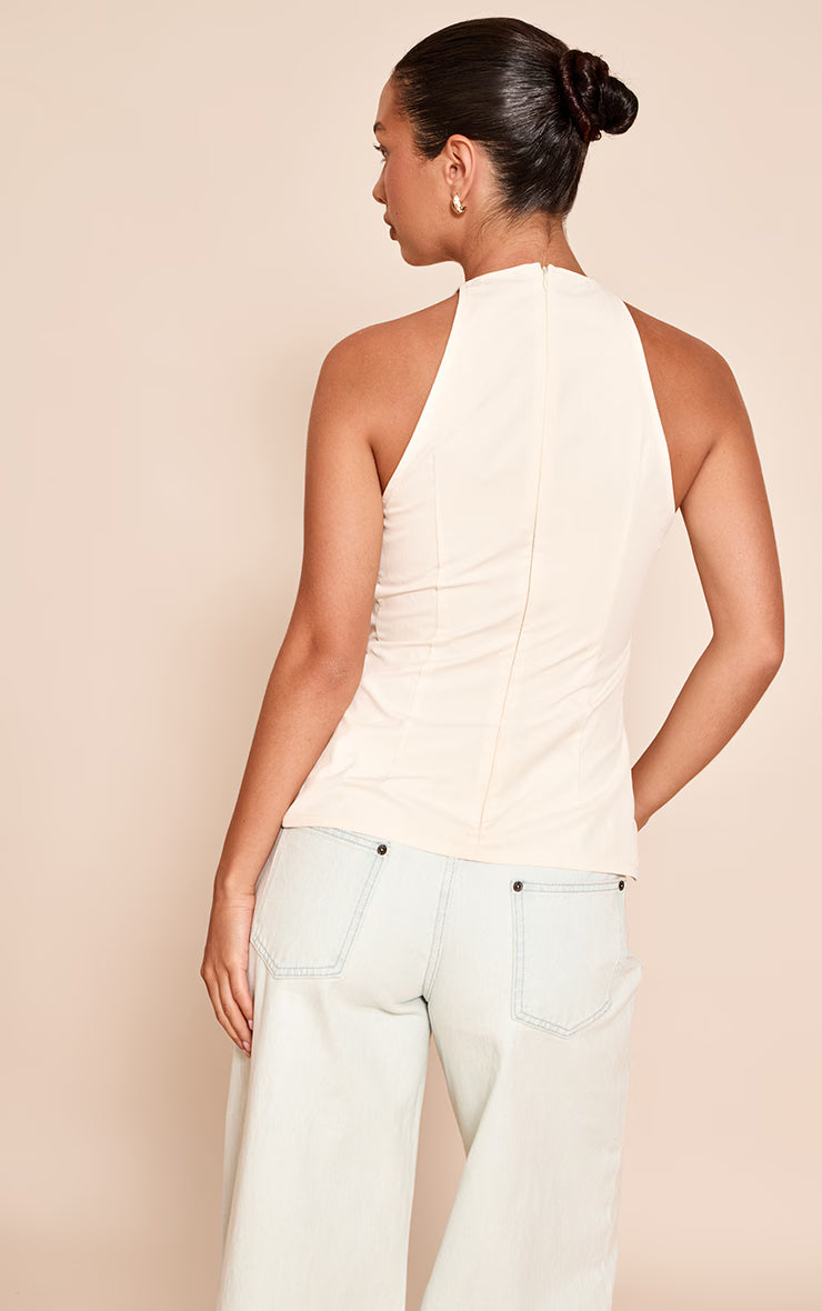 Cream Ruched Detail High Neck Longline Top