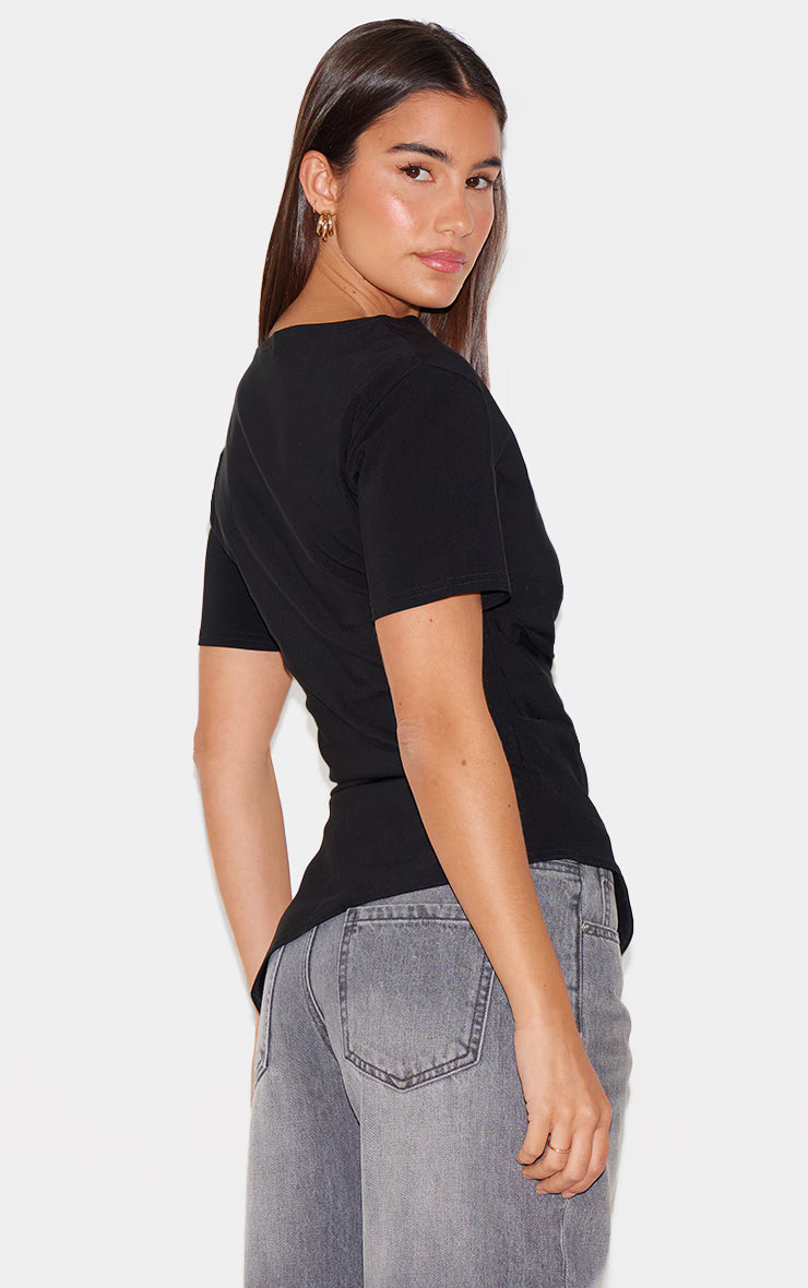Black Bengaline Ruched Asymmetric Detail Long Top