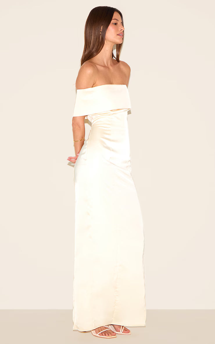 Lemon Bridesmaid Bardot Fold Over Sleeveless Maxi Dress