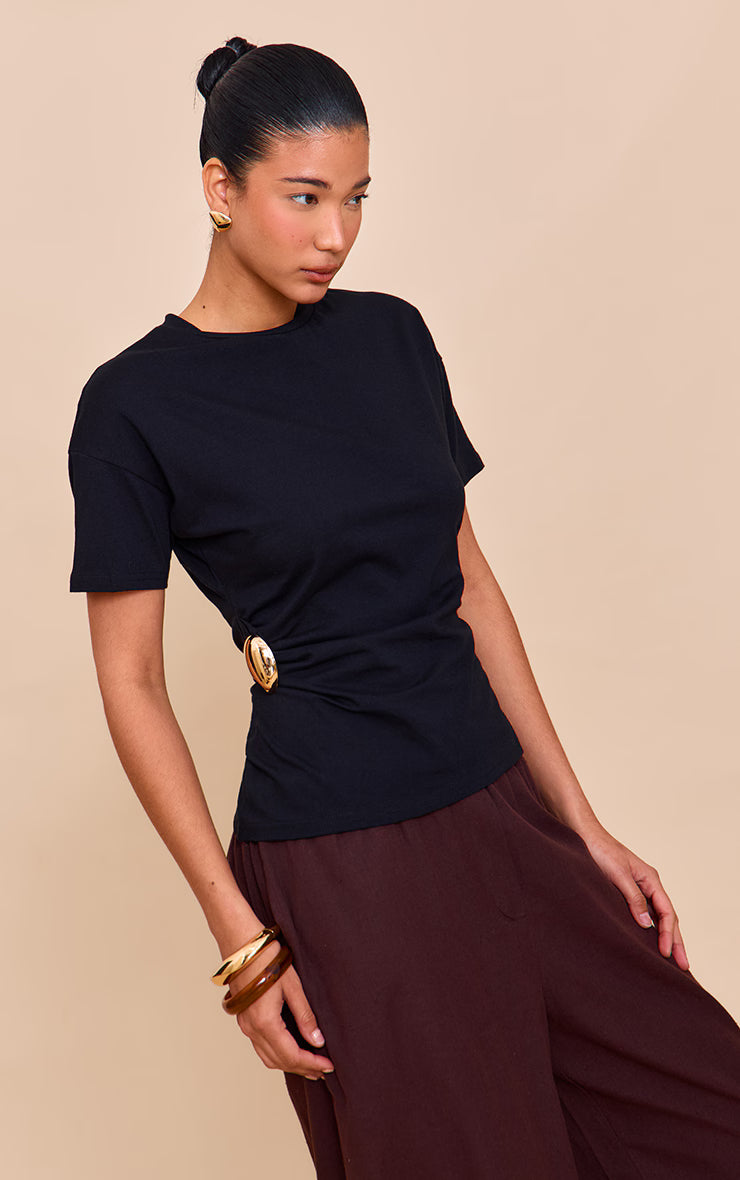 Black Trim Detail Asymmetric Hem T Shirt