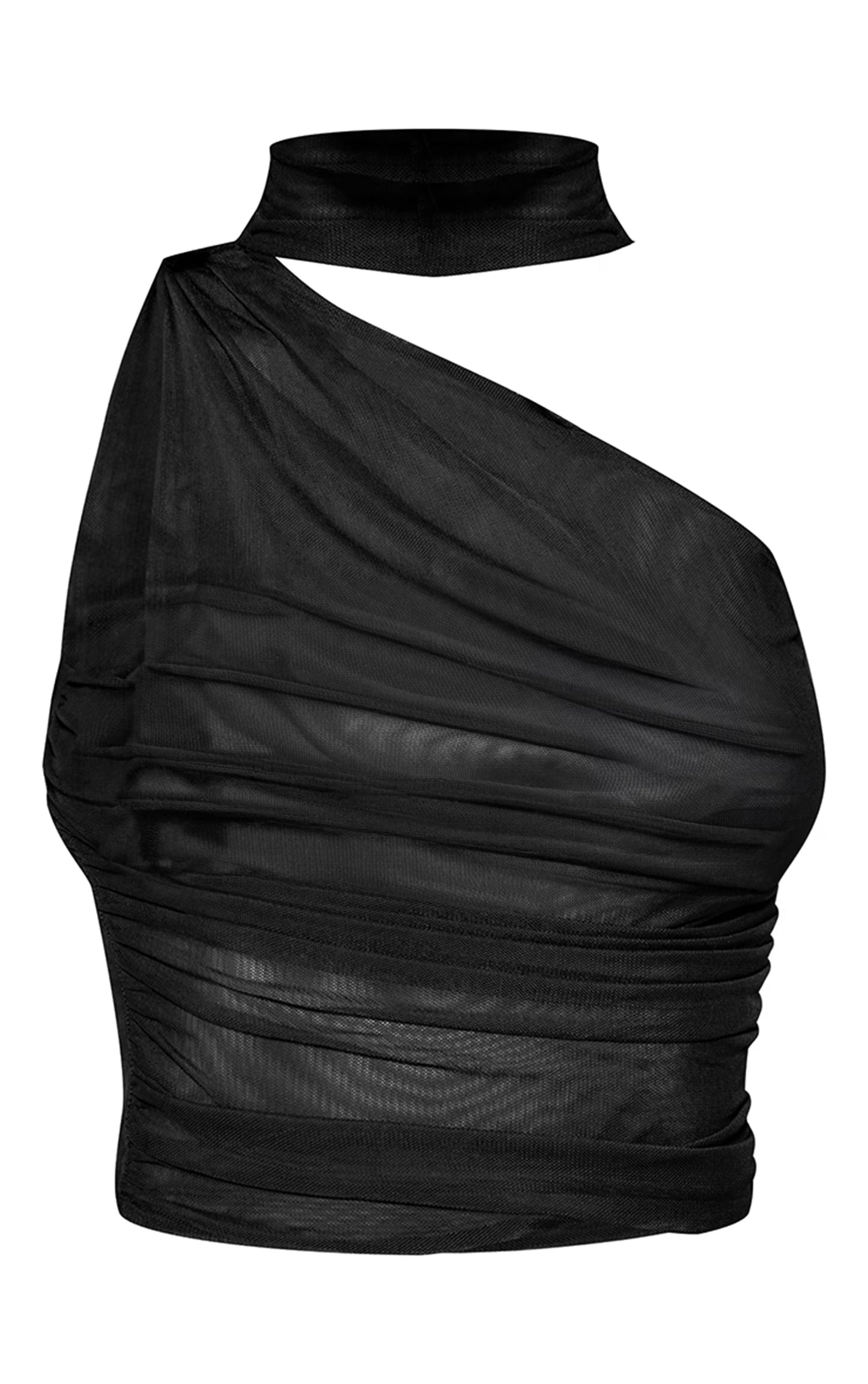 Black Double Layer Mesh Asymmetrical Ruched Detail Top