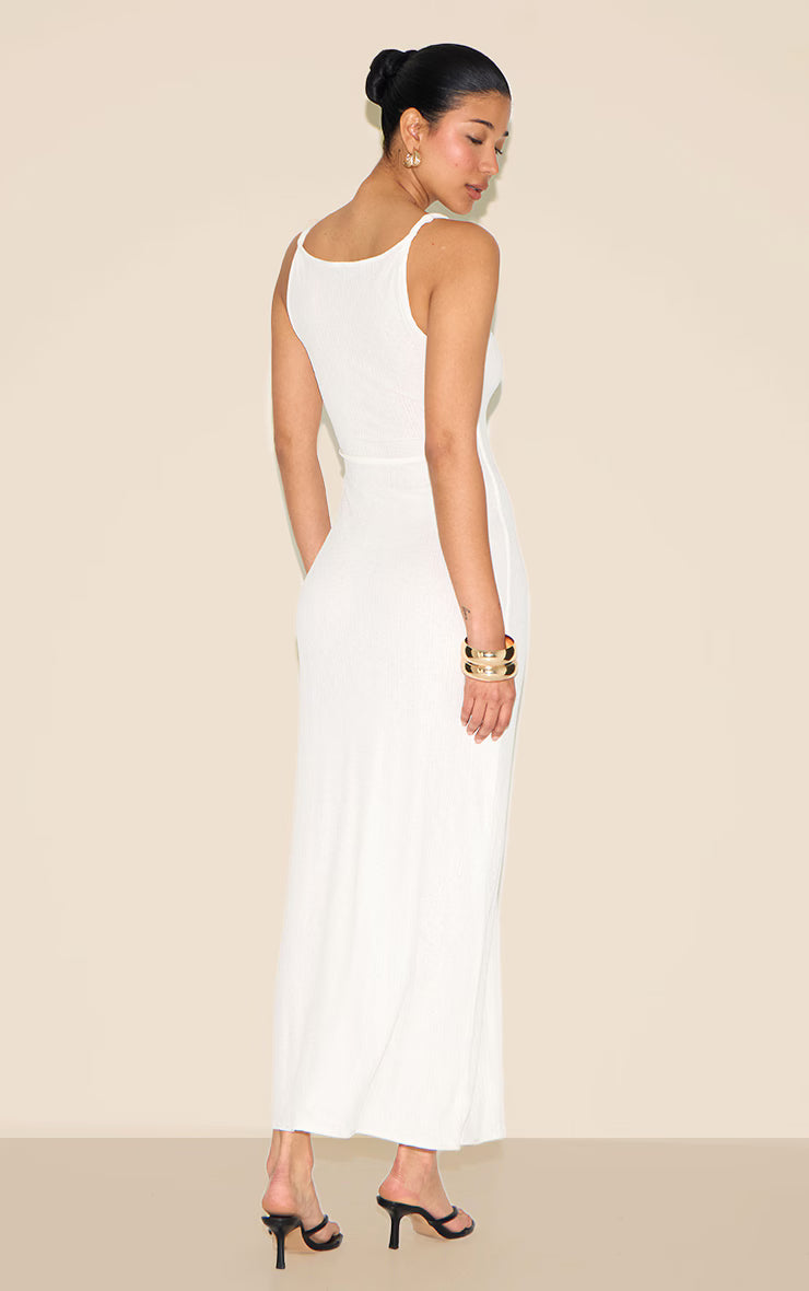 White Textured Twist Shoulders Maxi Dress