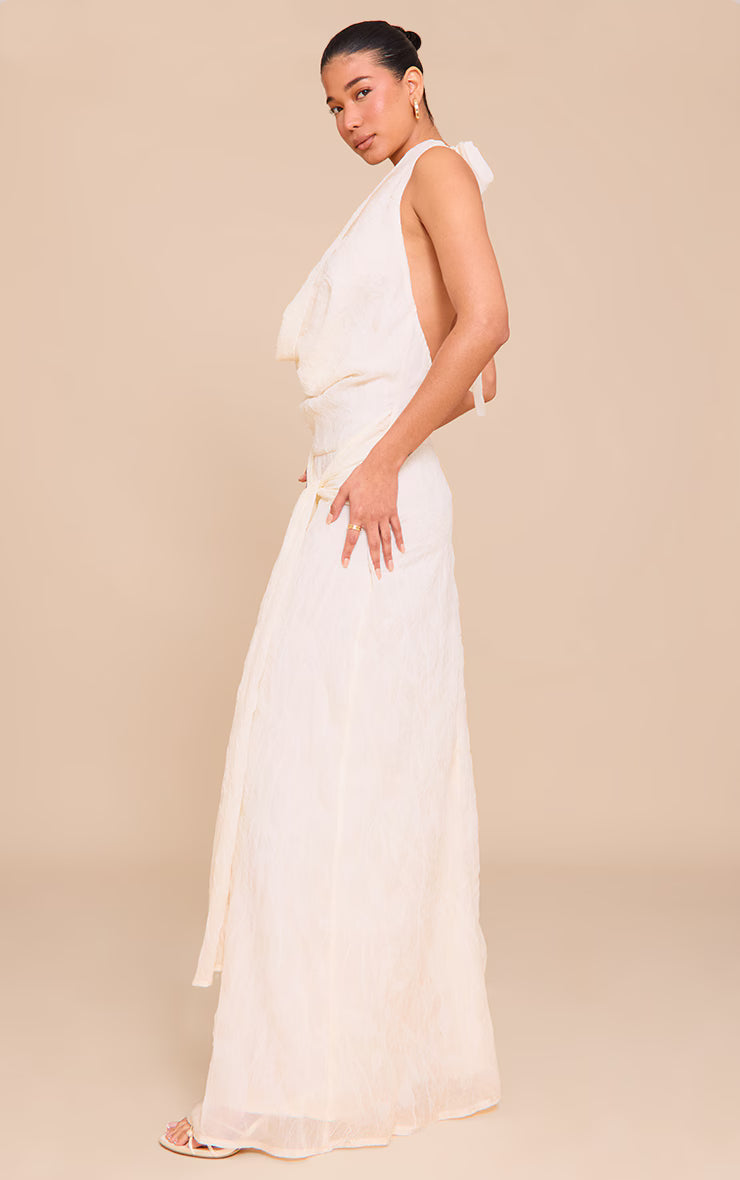 Natural Textured Cowl Neck Wrap Maxi Dress