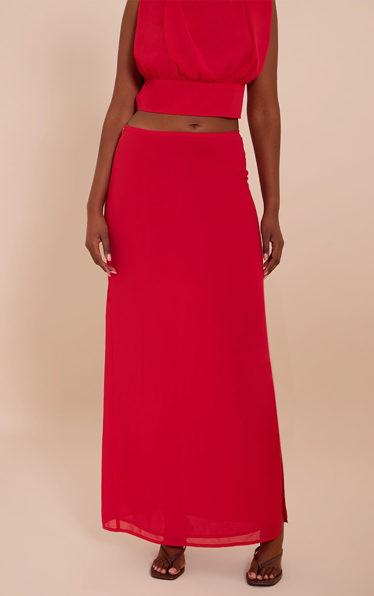 Tomato Red Chiffon Split Maxi Skirt