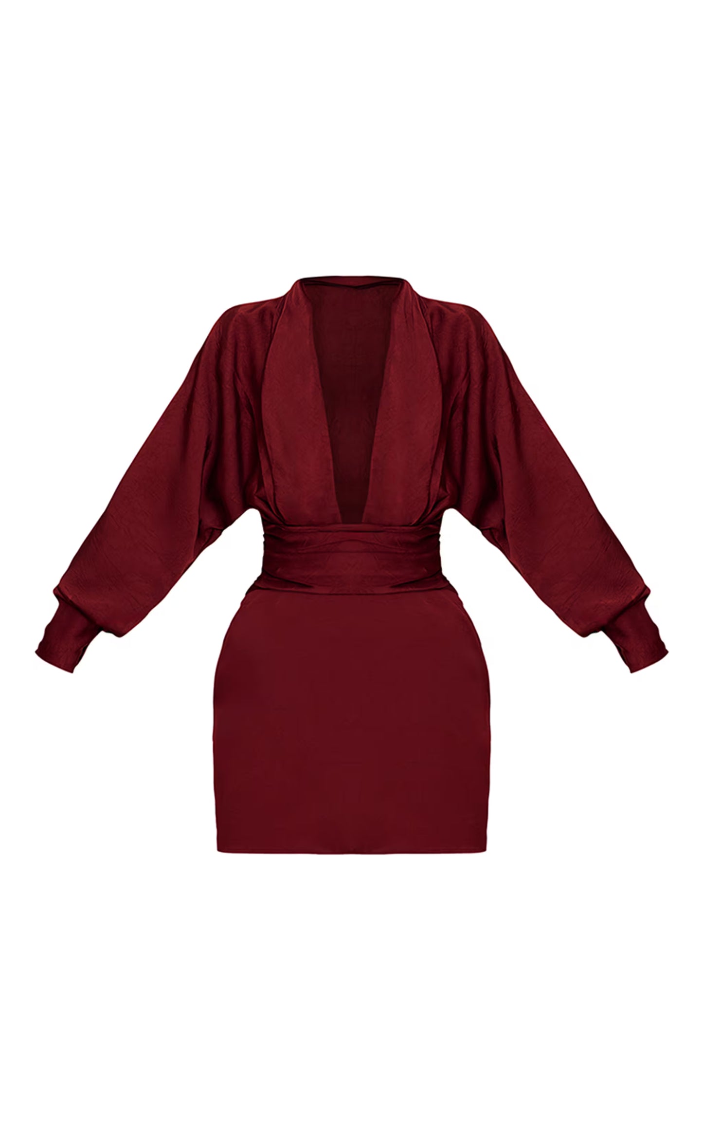 PLT Label Dark Red Hammered Satin Long Sleeve Plunge Mini Dress