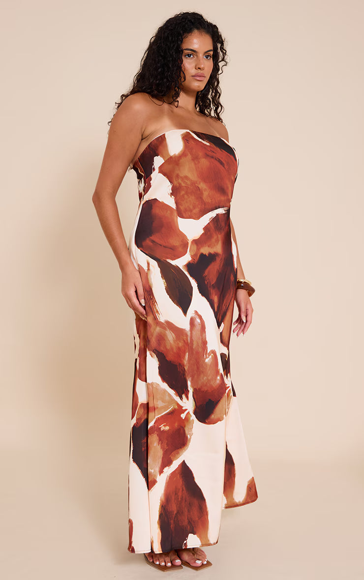 Plus Brown Floral Satin Maxi Dress