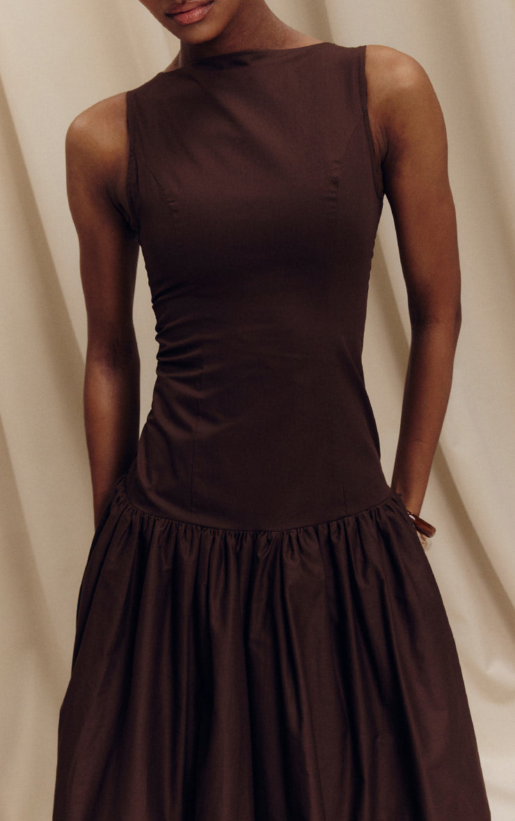 Chocolate Brown Longline Dropped Waist Midaxi Dress