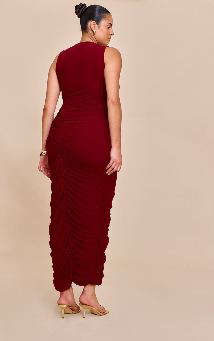 Plus Deep Red Double Layer Mesh Boat Neck Ruched Maxi Dress