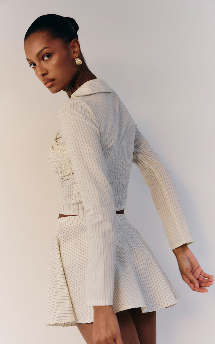 Cream Pinstripe Seersucker Ruched Bralet Detail Shirt