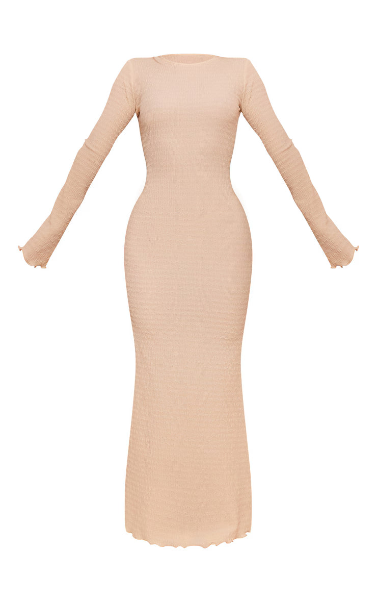 Cream Crinkle Textured Lettuce Hem Long Sleeve Maxi Dress