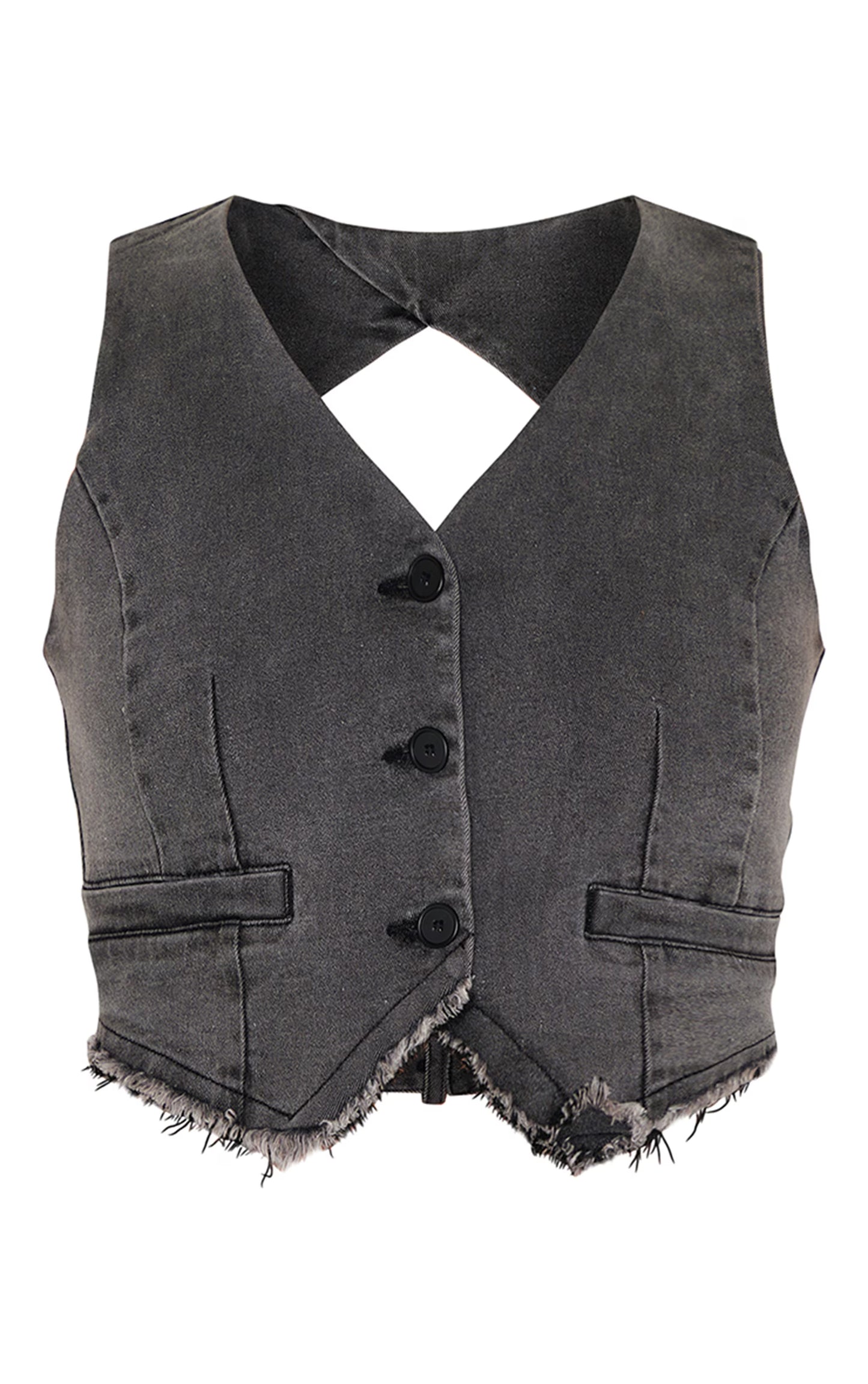 Washed Black Raw Hem Cut Out Back Denim Vest