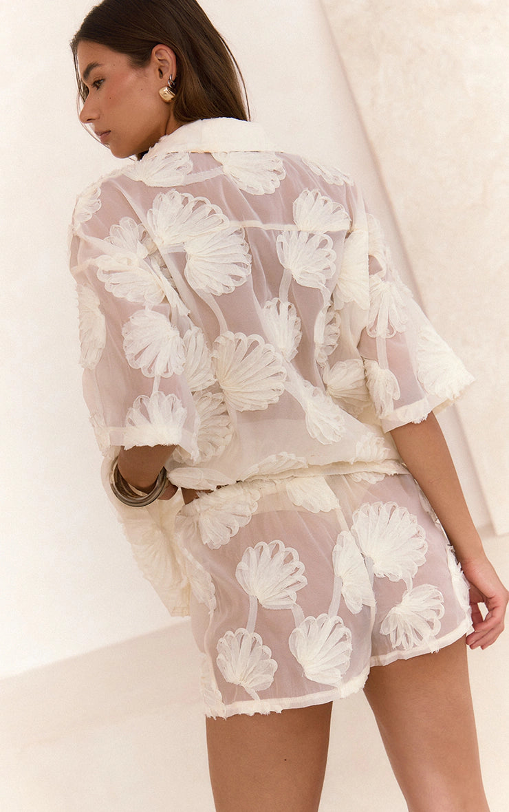 Cream Sheer Woven Shell Embroidered Shorts