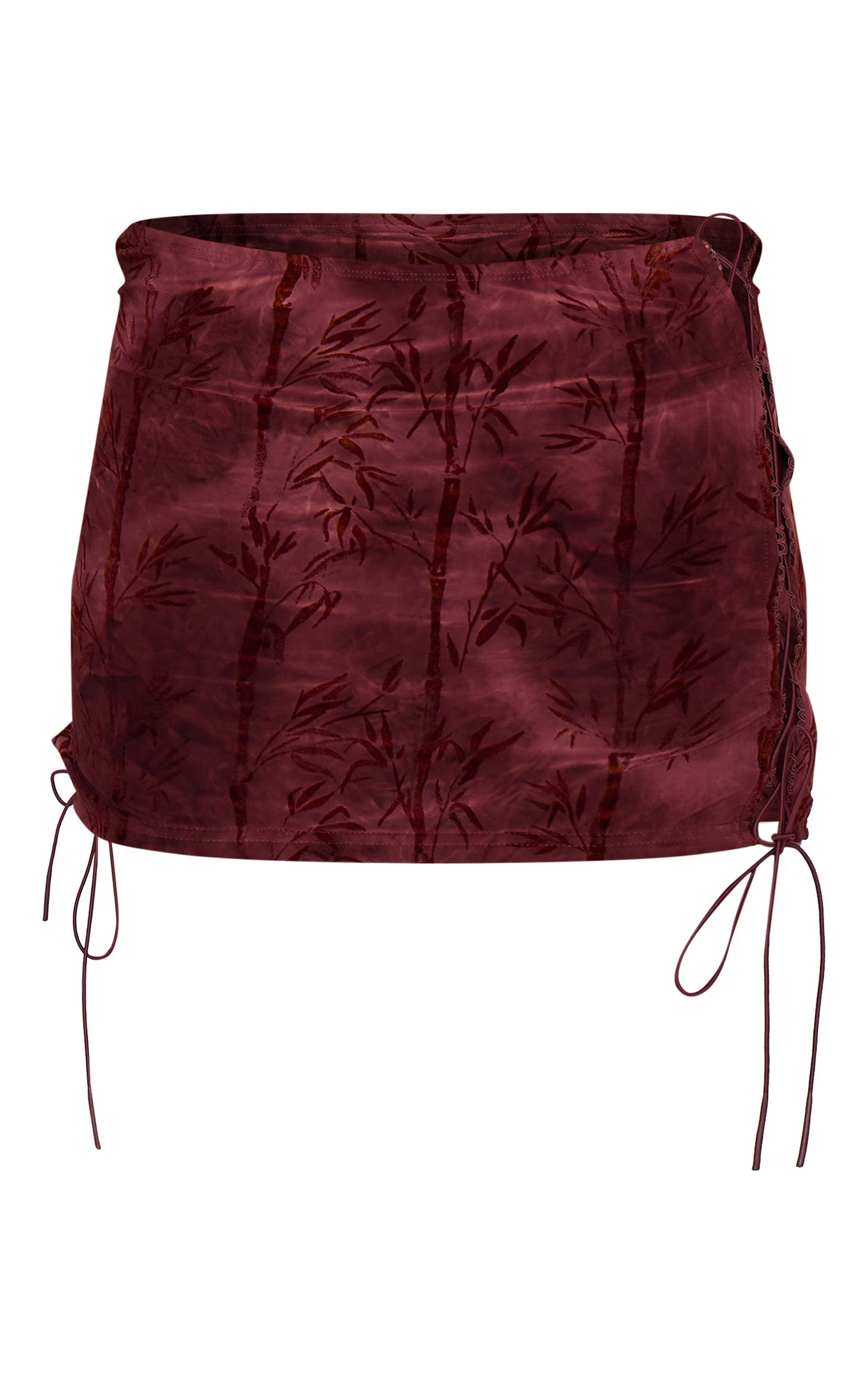 Burgundy Devore Tie Detail Micro Mini Skirt