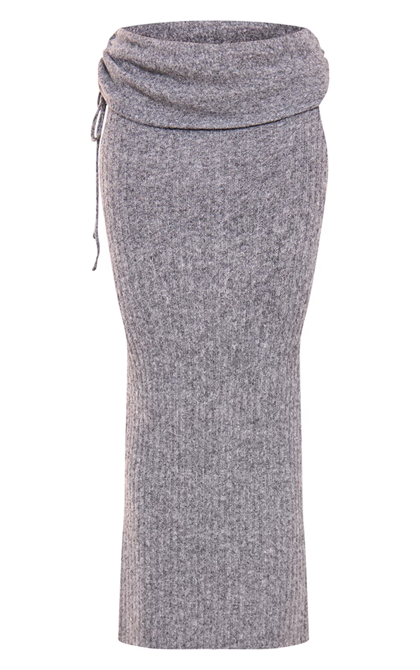 Charcoal Ribbed Knit Ruched Fold Over Maxi Skirt