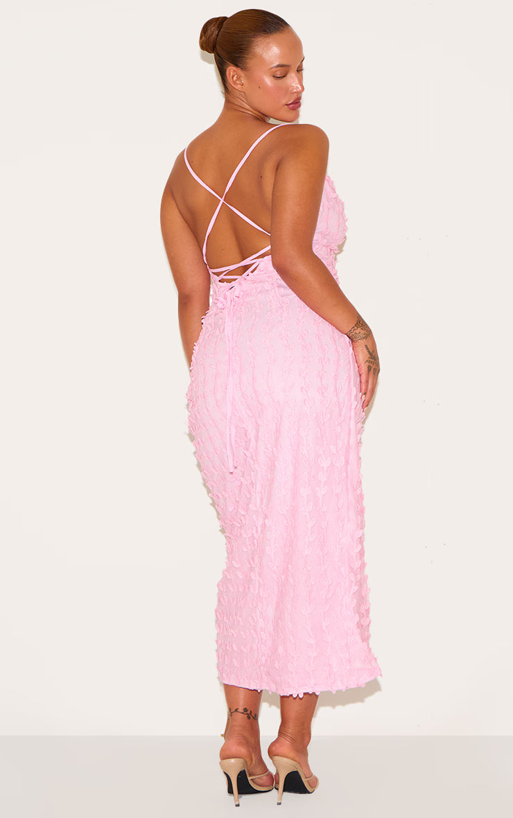Plus Baby Pink Lace Cowl Neck Lace Up Back Midi Dress