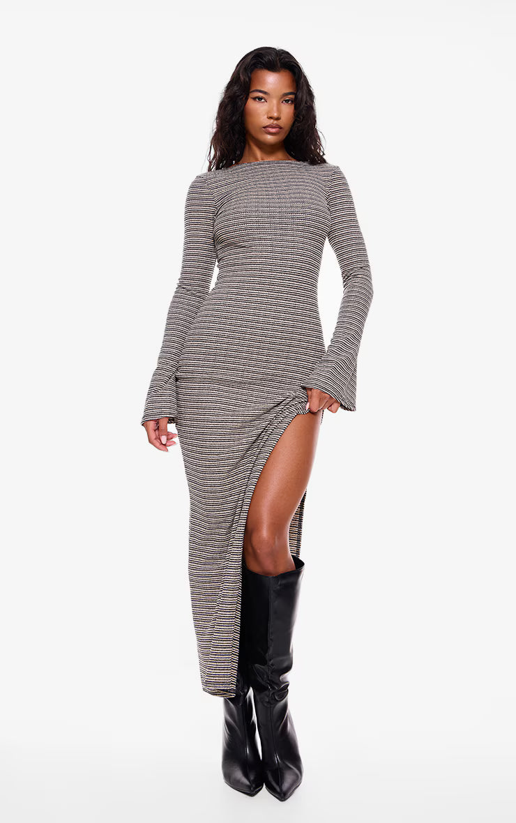 Monochrome Textured Flared Sleeve Maxi Dress