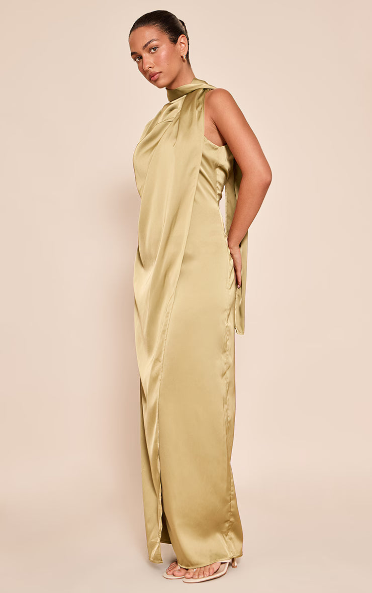 Olive Satin Scarf Detail Maxi Dress