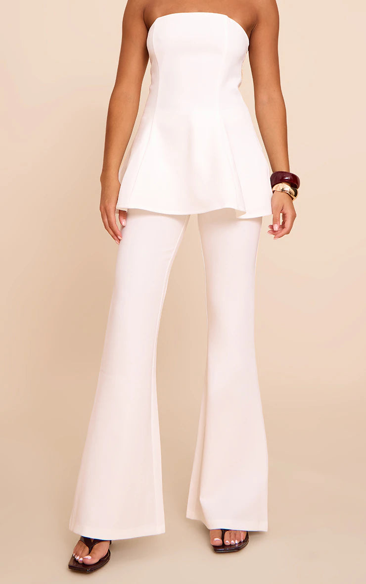 White Woven Tailored Straight Leg Pants