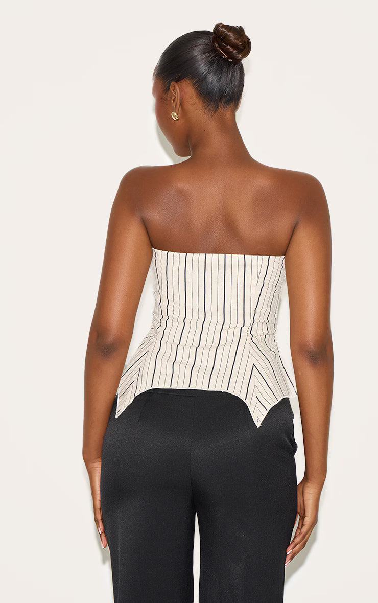 Sand Striped Linen-Blend Peplum Bandeau Top
