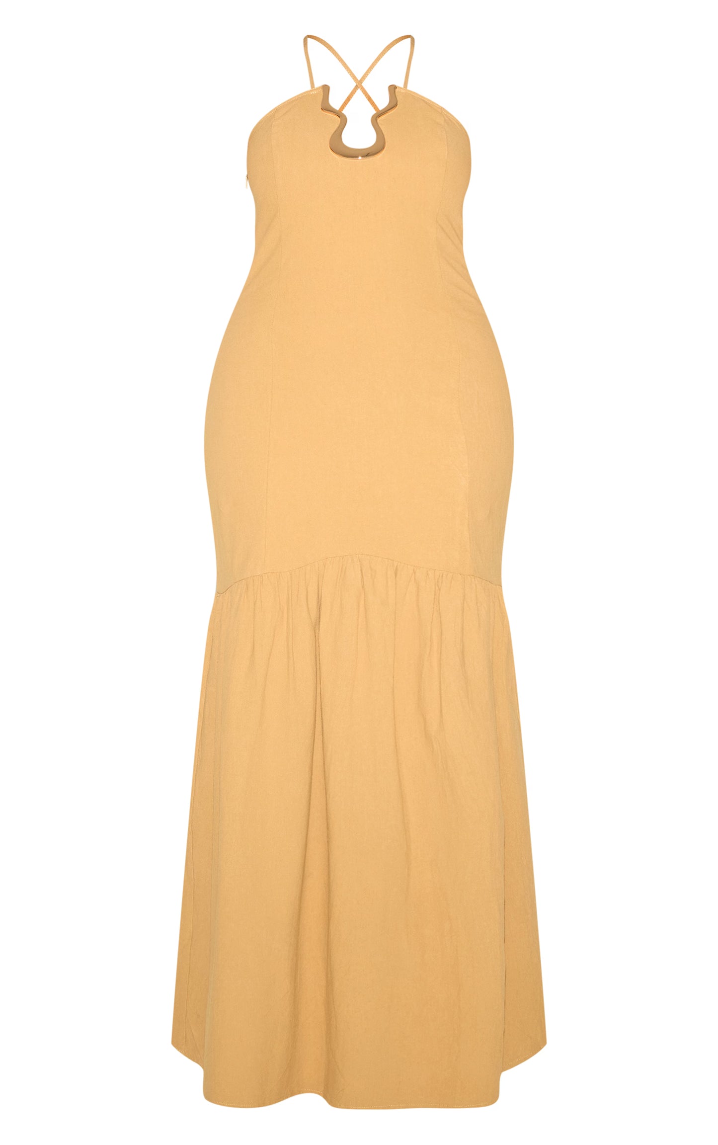 Shape Khaki Linen Look Gold Wave Trim Dropped Hem Maxi Dress
