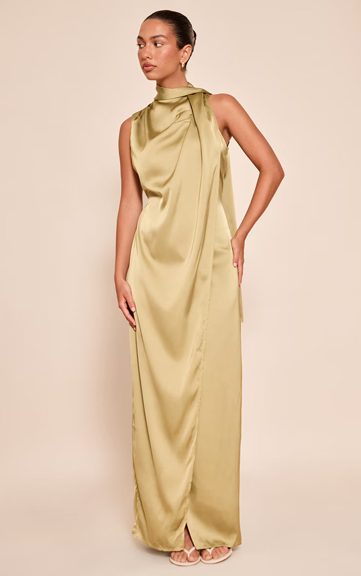 Olive Satin Scarf Detail Maxi Dress