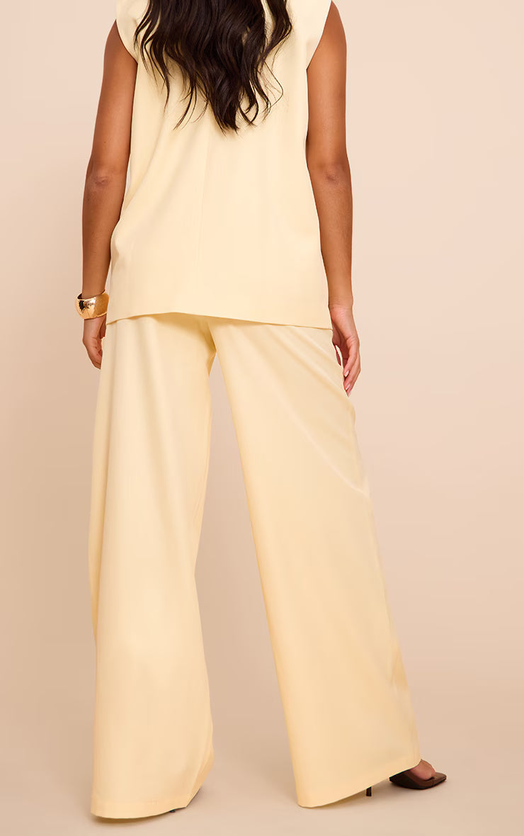 Butter Yellow Woven Extreme Wide Leg Pleated Mid Rise Wide Leg Pants