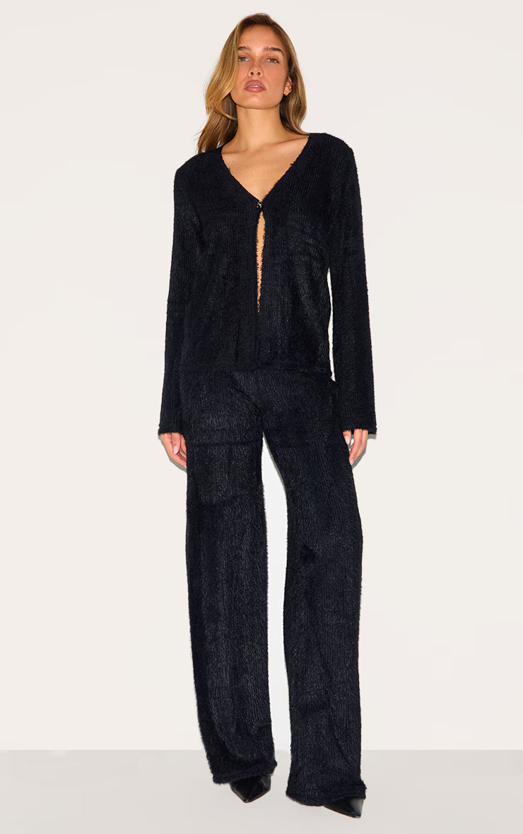 Black Textured V Neck Button Cardigan