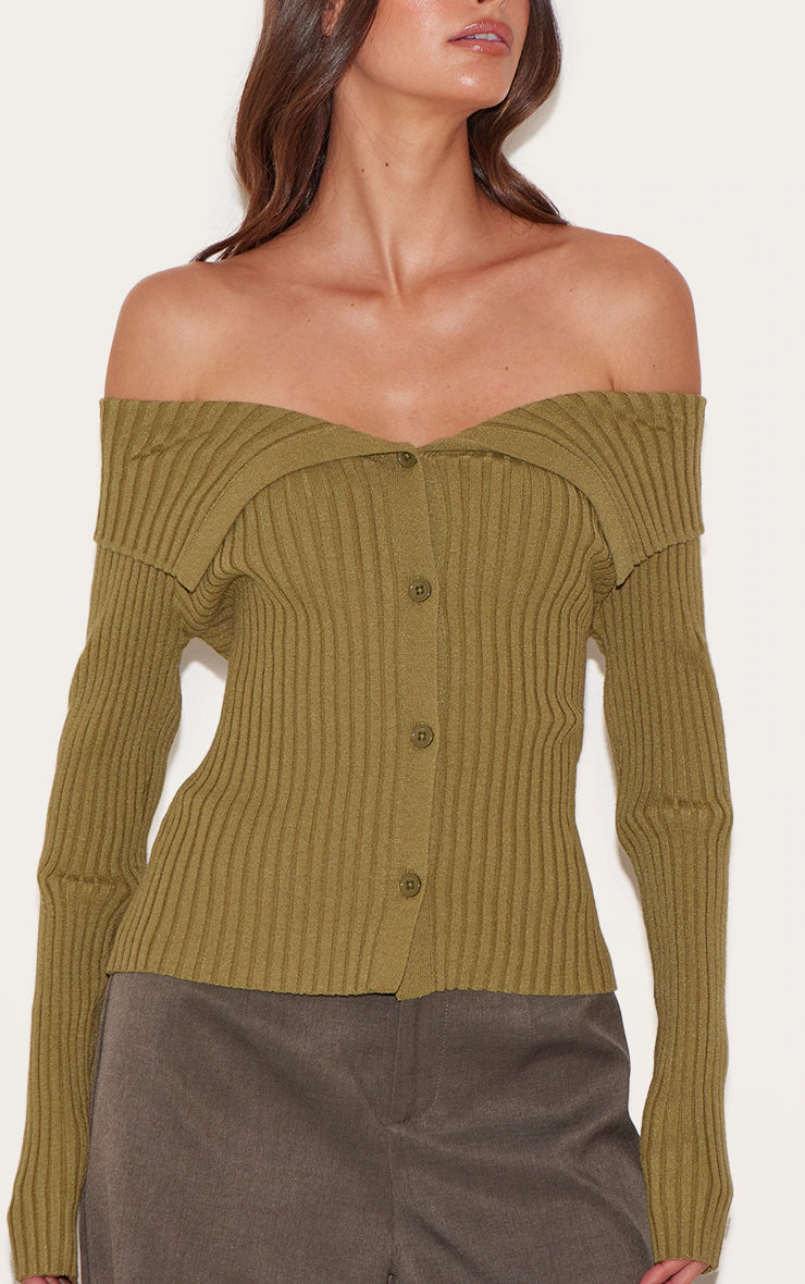 Olive Rib Knit Fold Over Button Up Top