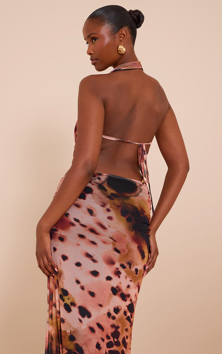 Multi Abstract Print Cowl Neck Mesh Top