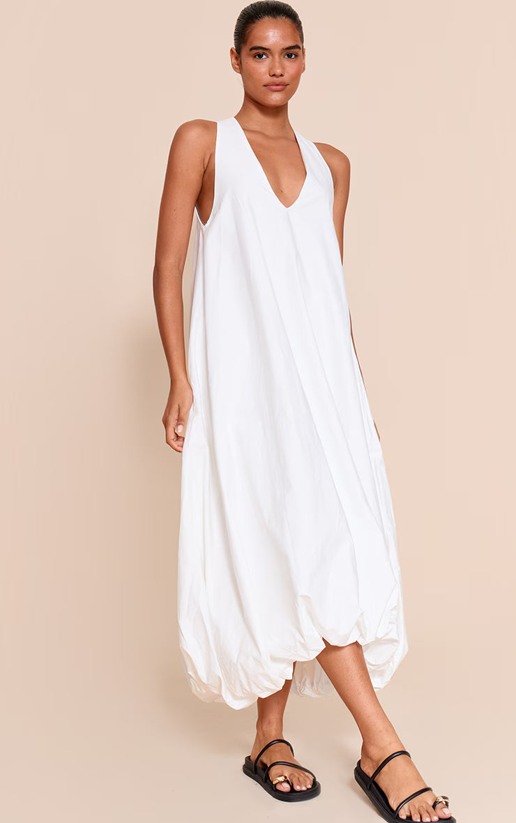 White Cotton Poplin Plunge Sleeveless Maxi Dress