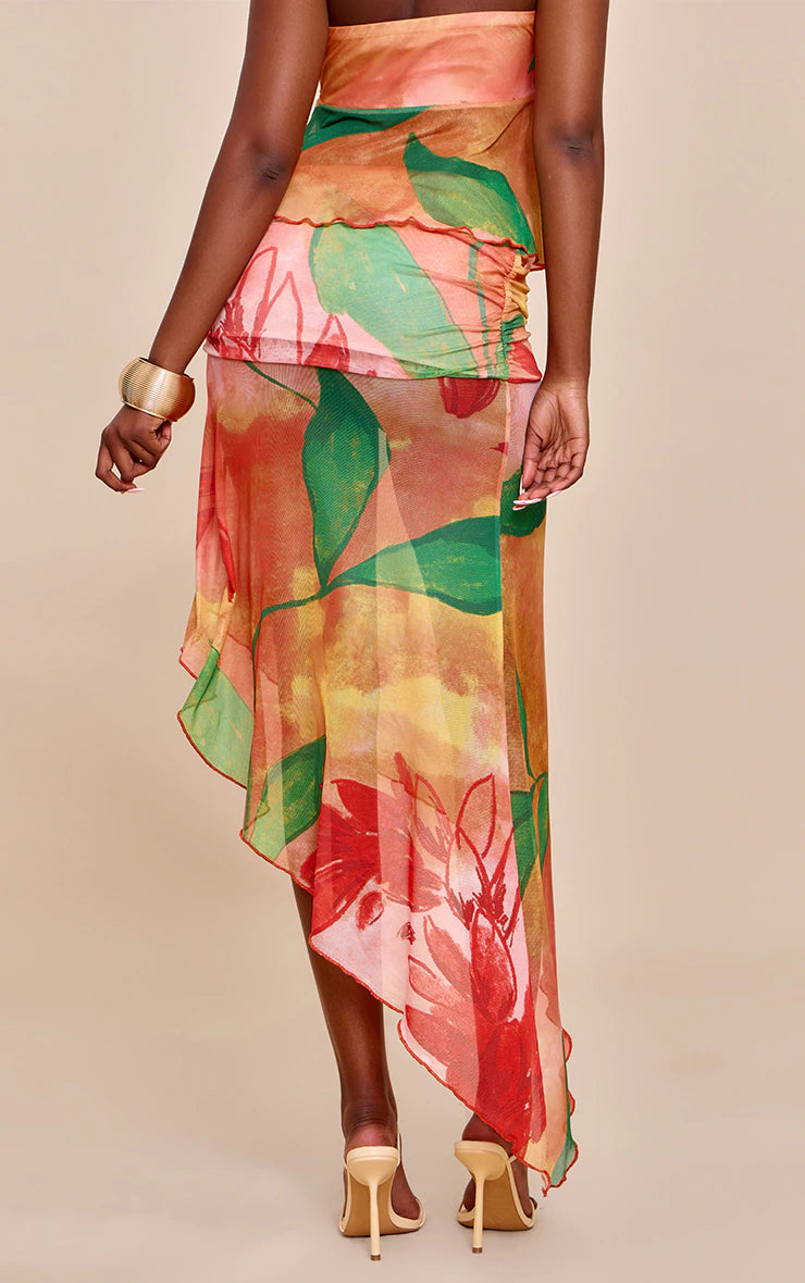 Multi Print Mesh Asymmetric Midi Skirt