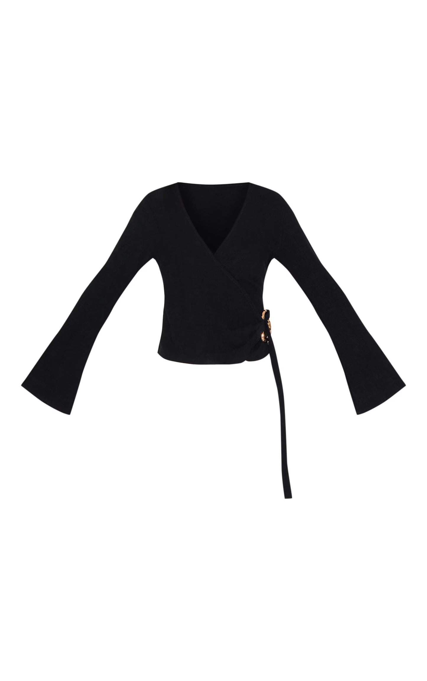Black Linen Look Wrap Trim Tie Top