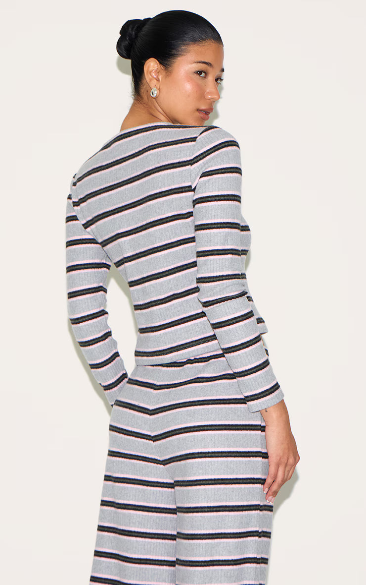 Grey Brushed Rib Striped Long Sleeve Button Up Top