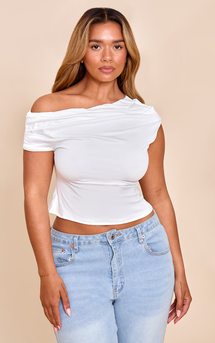 Shape White Striped Drape One Shoulder Top