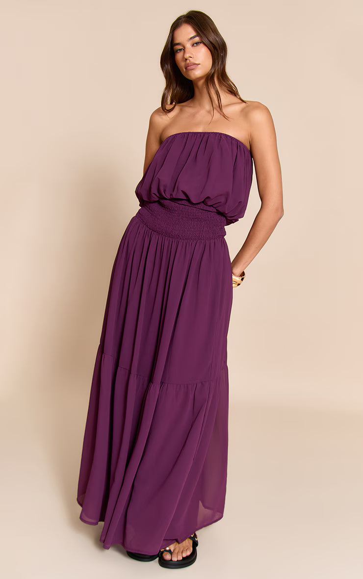 Purple Chiffon Bandeau Sheered Waist Maxi Dress