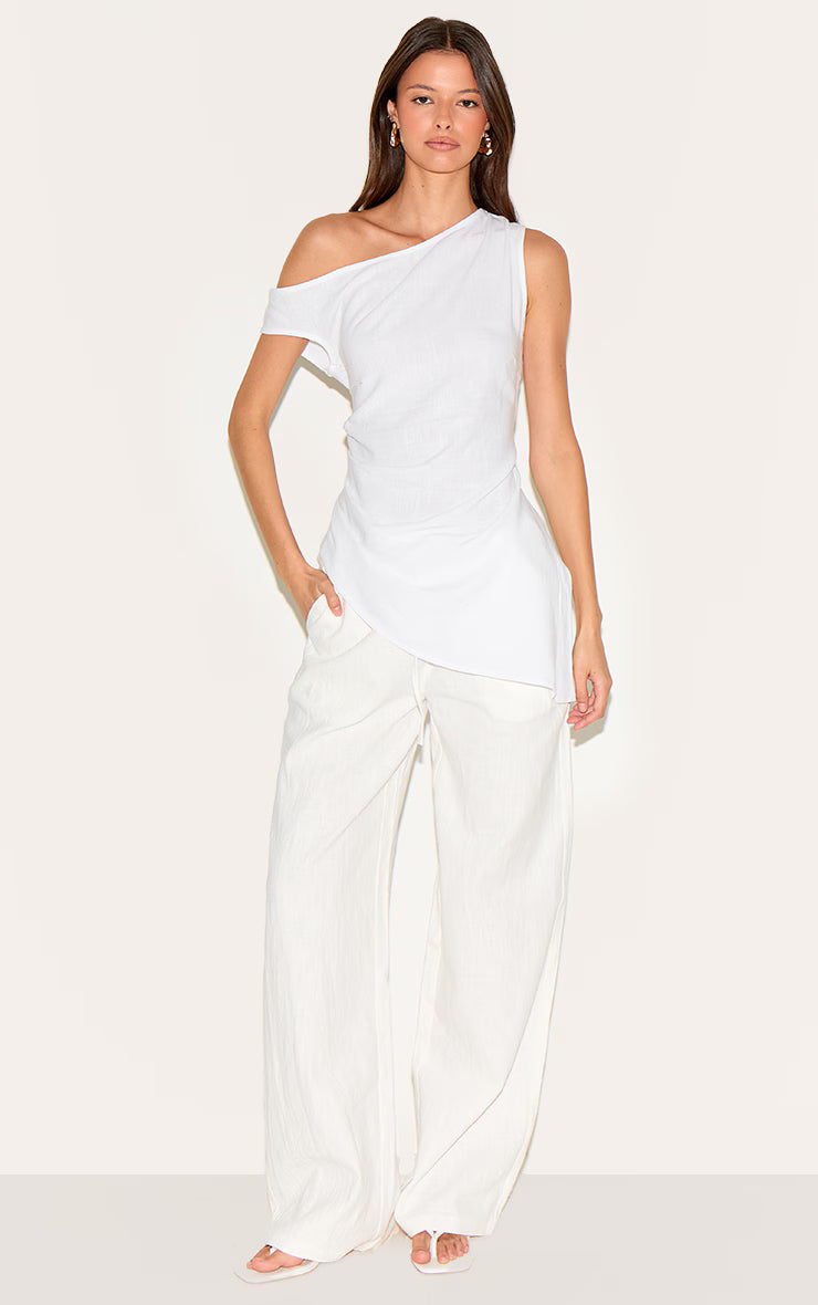White Linen Look One Shoulder Asymmetric Top