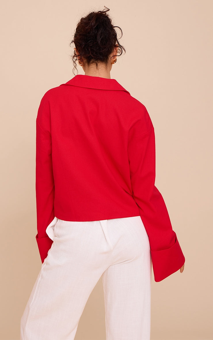 Tomato Tie Front Linen Look Collar Blazer