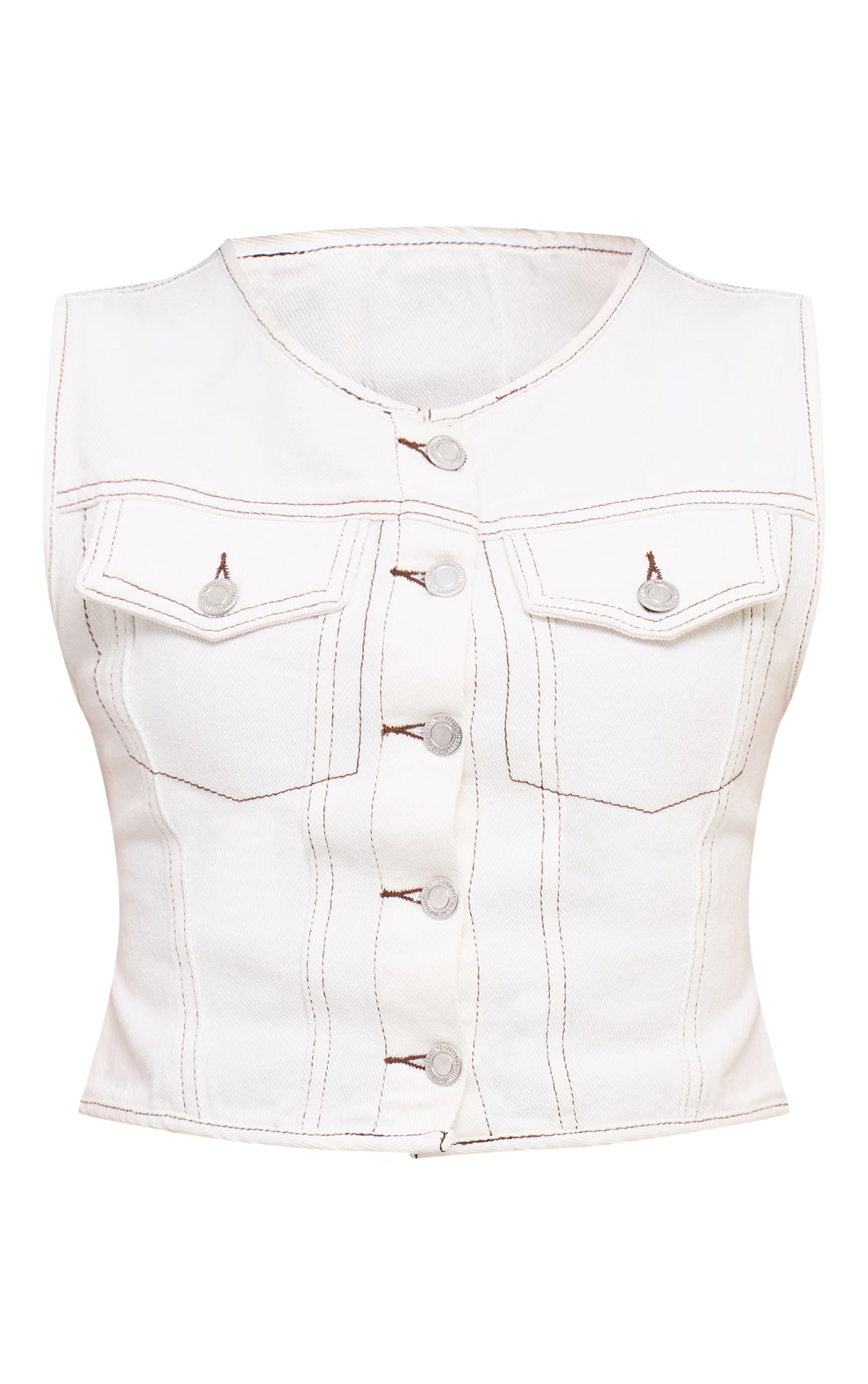 White Round Neck Button Detail Sleeveless Denim Crop Top