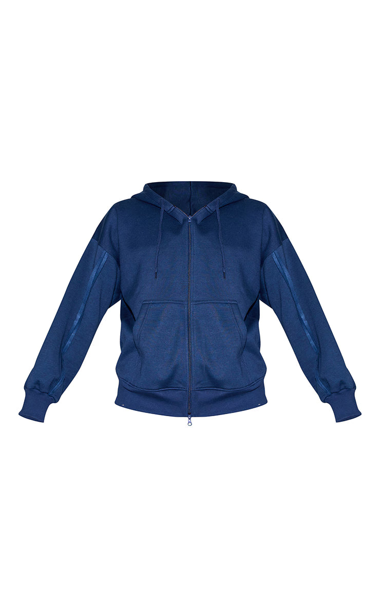 Navy Oversized Zip Through Seam Detail Hoodie