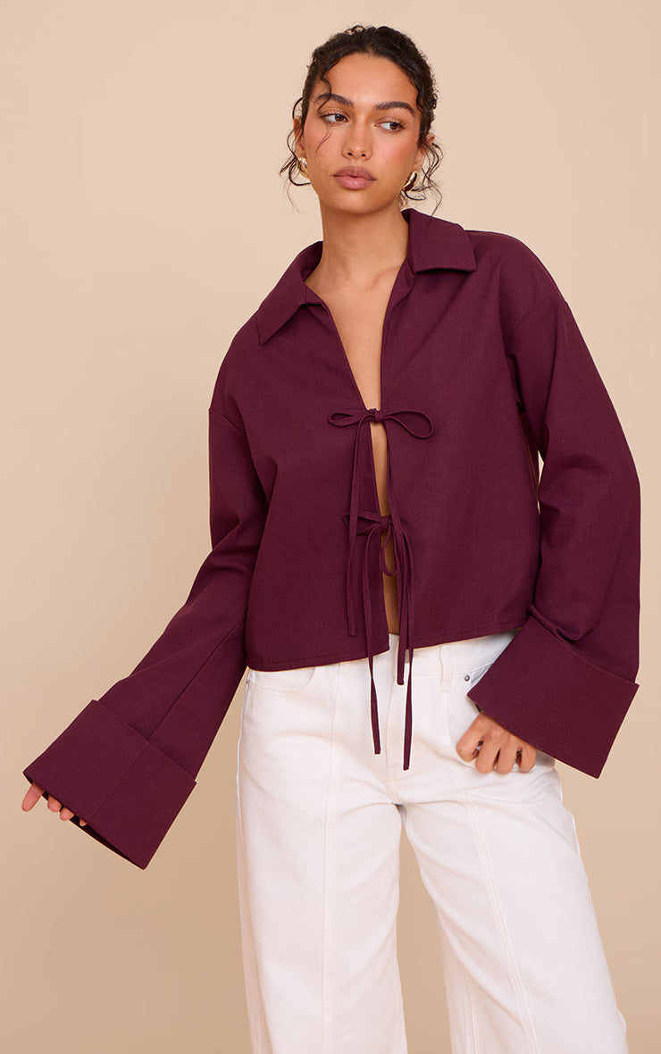 Plum Tie Front Linen Look Collar Blazer