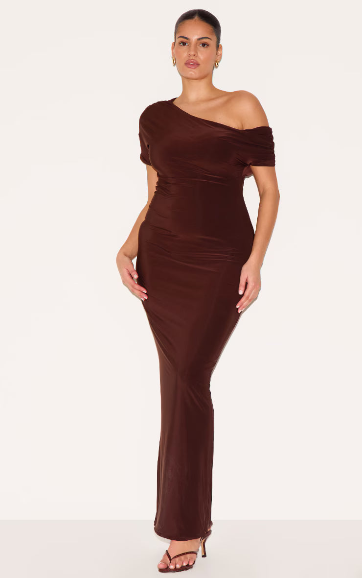 Plus Dark Chocolate Double Layer Slinky Asymmetric Ruched Sleeve Maxi Dress