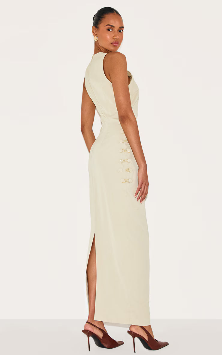 Sage Woven Racer Button Detail Midaxi Dress